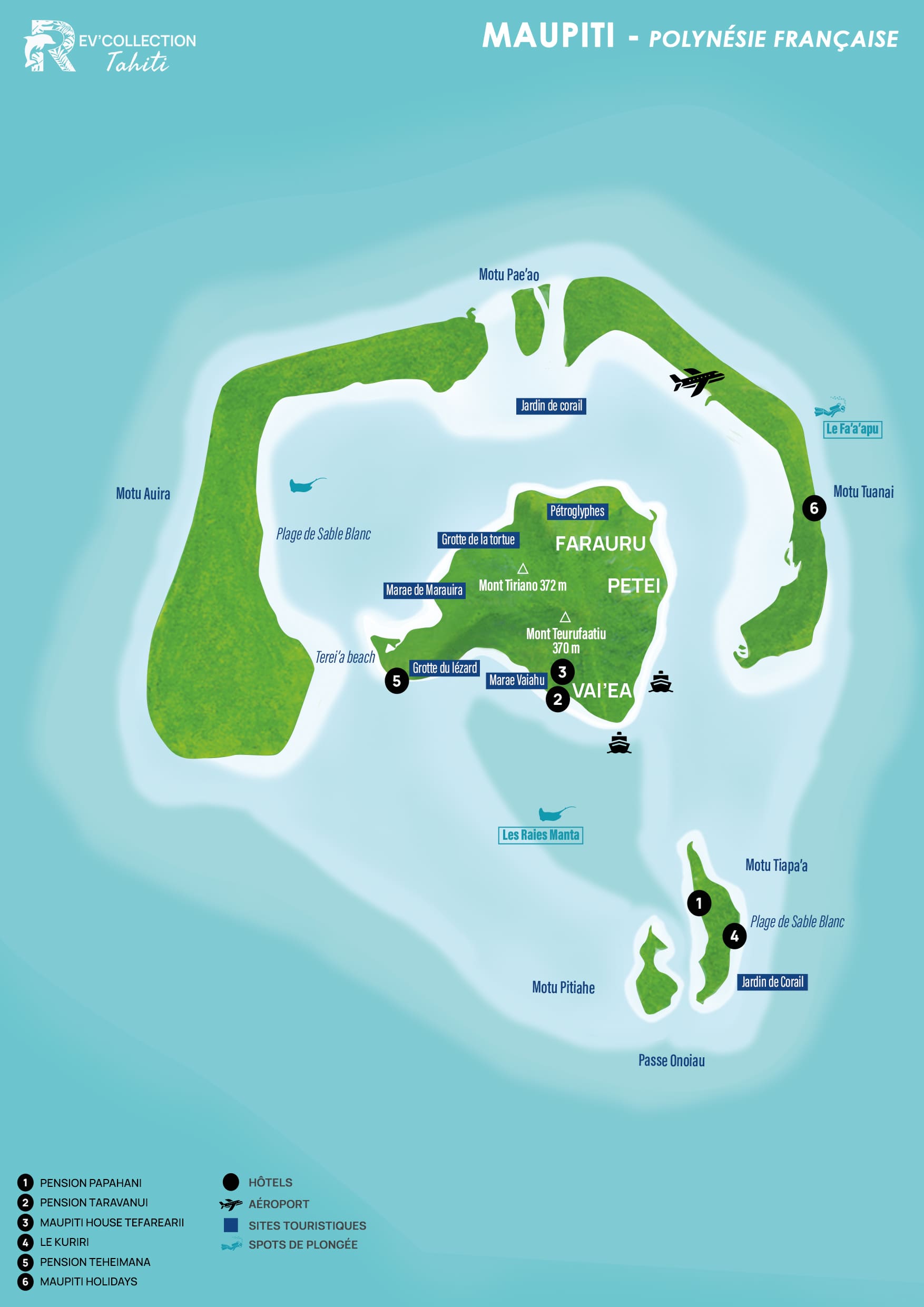 Carte illustrée de l'île de Maupiti en Polynésie française, montrant l'île centrale avec le mont Teurufaatiu, le lagon et ses motus (Auira, Tiapa'a, Pae'ao), ainsi qu'une liste numérotée de 6 pensions de famille incluant la Pension Papahani et Maupiti Holidays