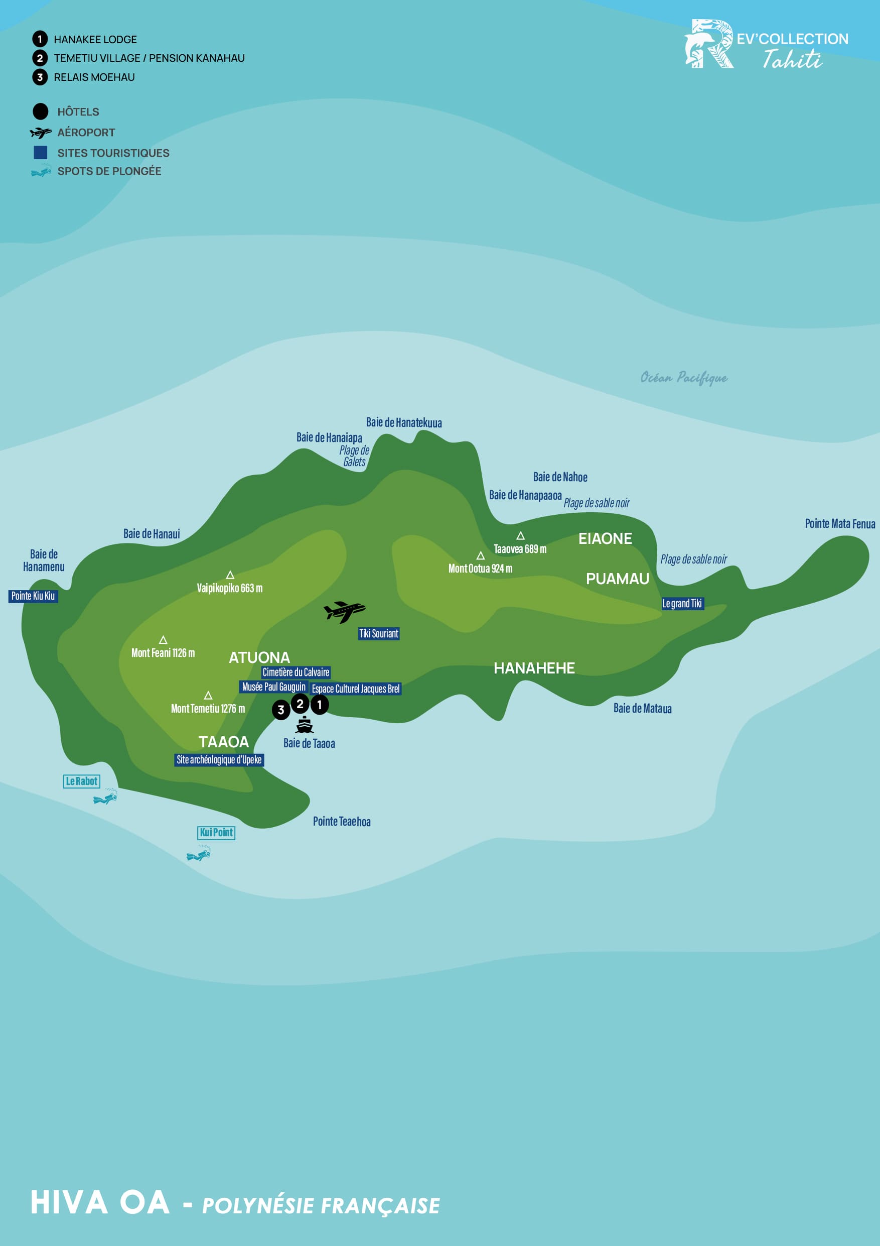 Carte illustrée de l'île de Hiva Oa aux Marquises, localisant les villages d'Atuona et Puamau, les sites culturels comme le Cimetière du Calvaire et l'Espace Jacques Brel, ainsi que les principaux sommets et baies, accompagnée d'une liste numérotée d'hébergements incluant le Hanakee Lodge