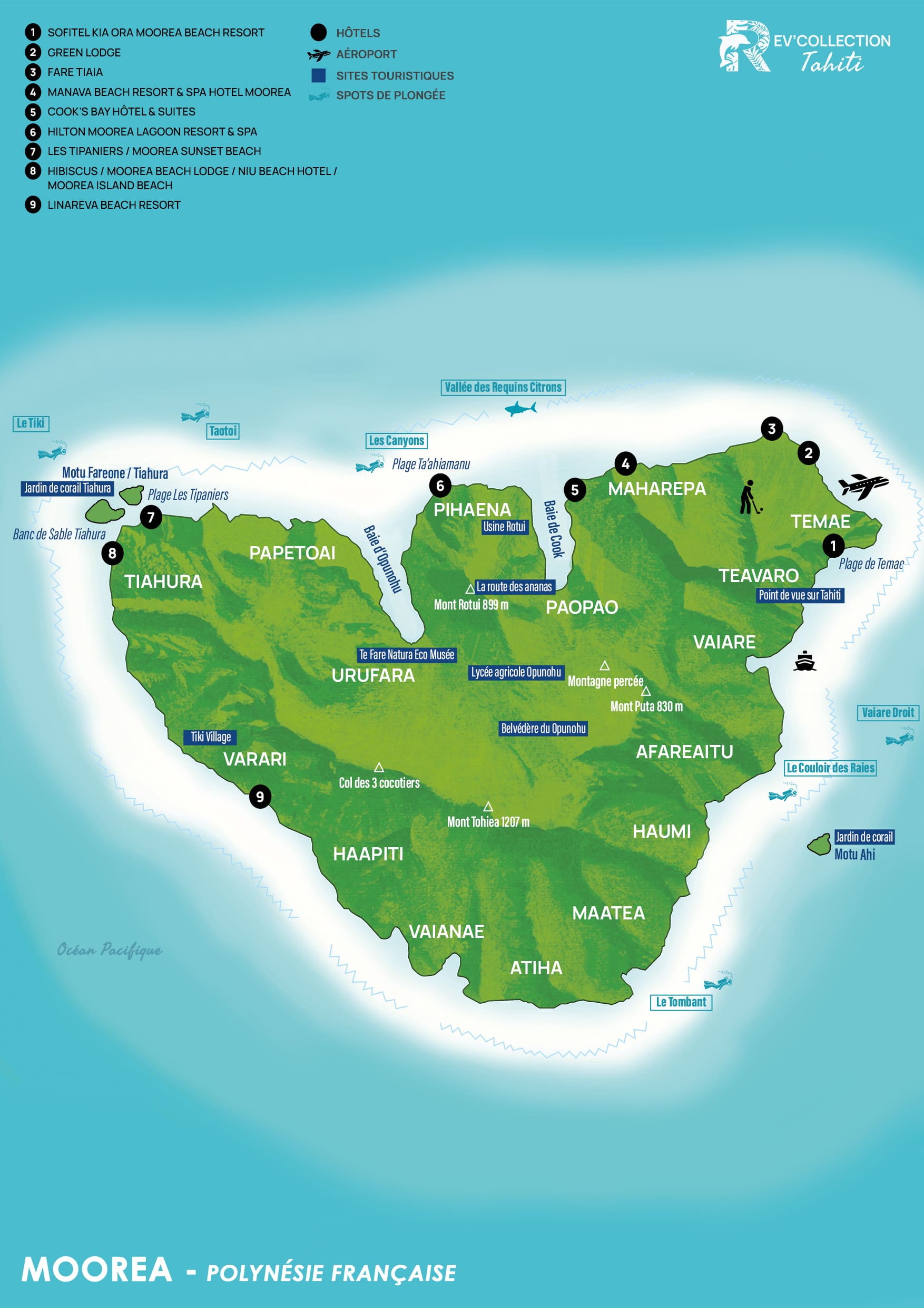 Carte illustrée de l'île de Moorea en Polynésie française, détaillant les baies d'Opunohu et de Cook, les sommets comme le Mont Tohiea, des sites d'intérêt tels que le Belvédère de l'Opunohu et le Tiki Village, accompagnée d'une liste numérotée de 9 établissements hôteliers dont le Hilton Moorea Lagoon Resort & Spa