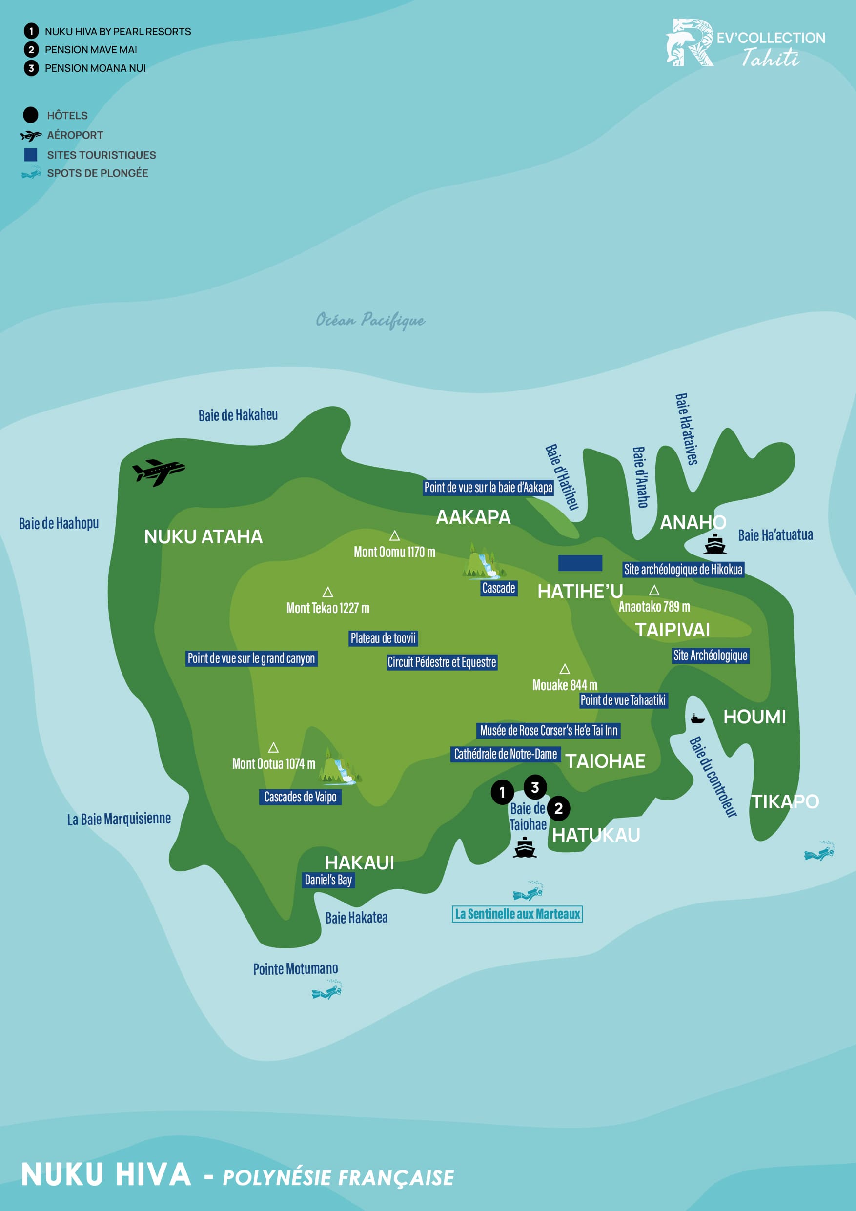 Carte illustrée de Nuku Hiva aux Marquises, détaillant les baies (Taiohae, Hatiheu, Anaho), les sommets comme le Mont Tekao, les sites archéologiques et les cascades de Vaipo, accompagnée d'une liste d'hébergements dont le Nuku Hiva by Pearl Resorts