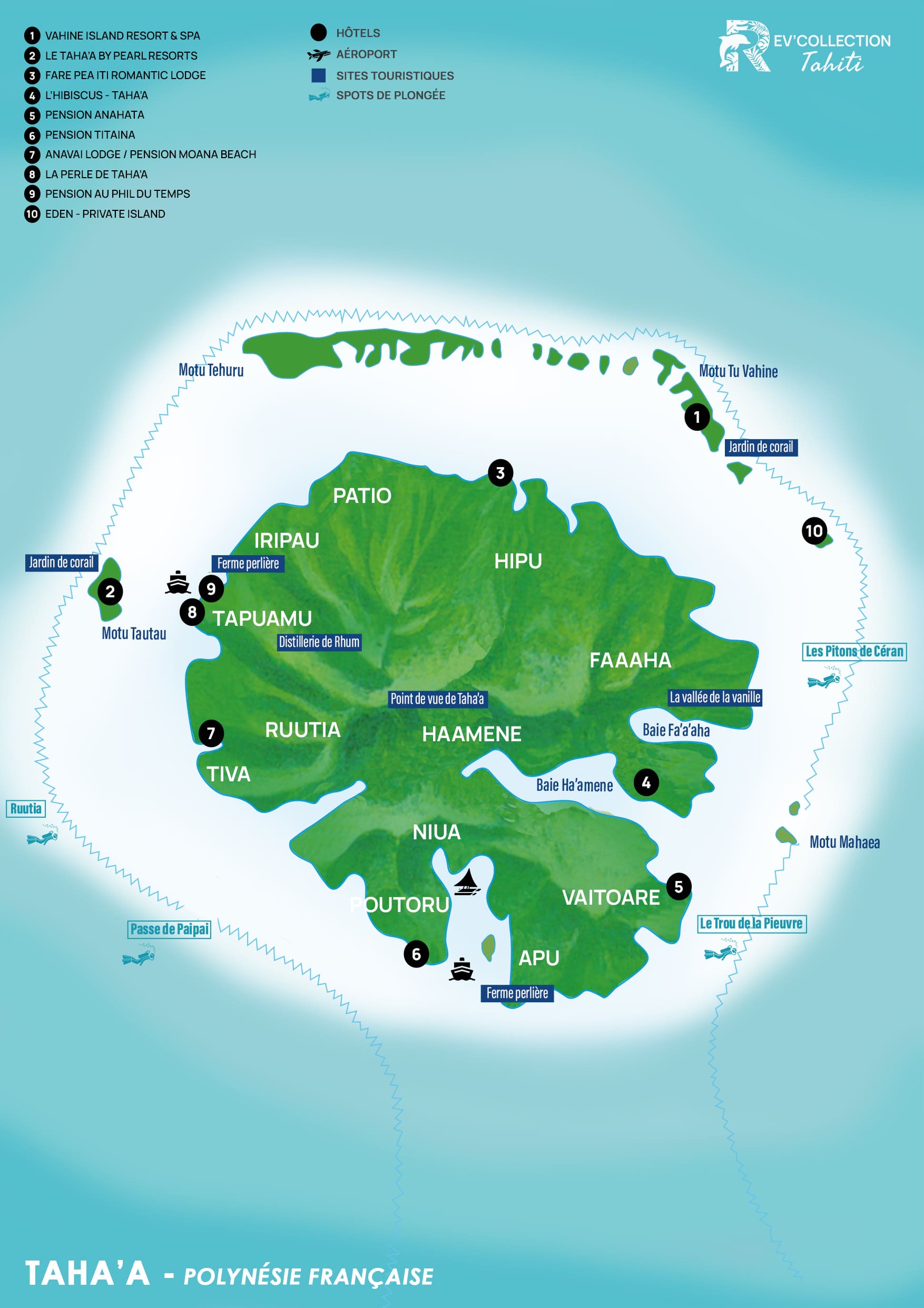 Carte illustrée de l'île de Taha'a en Polynésie française, indiquant les communes comme Patio et Haamene, des sites d'intérêt tels que la vallée de la vanille et des fermes perlières, ainsi qu'une liste numérotée de 10 hébergements incluant le Vahine Island Resort & Spa et Le Taha'a by Pearl Resorts