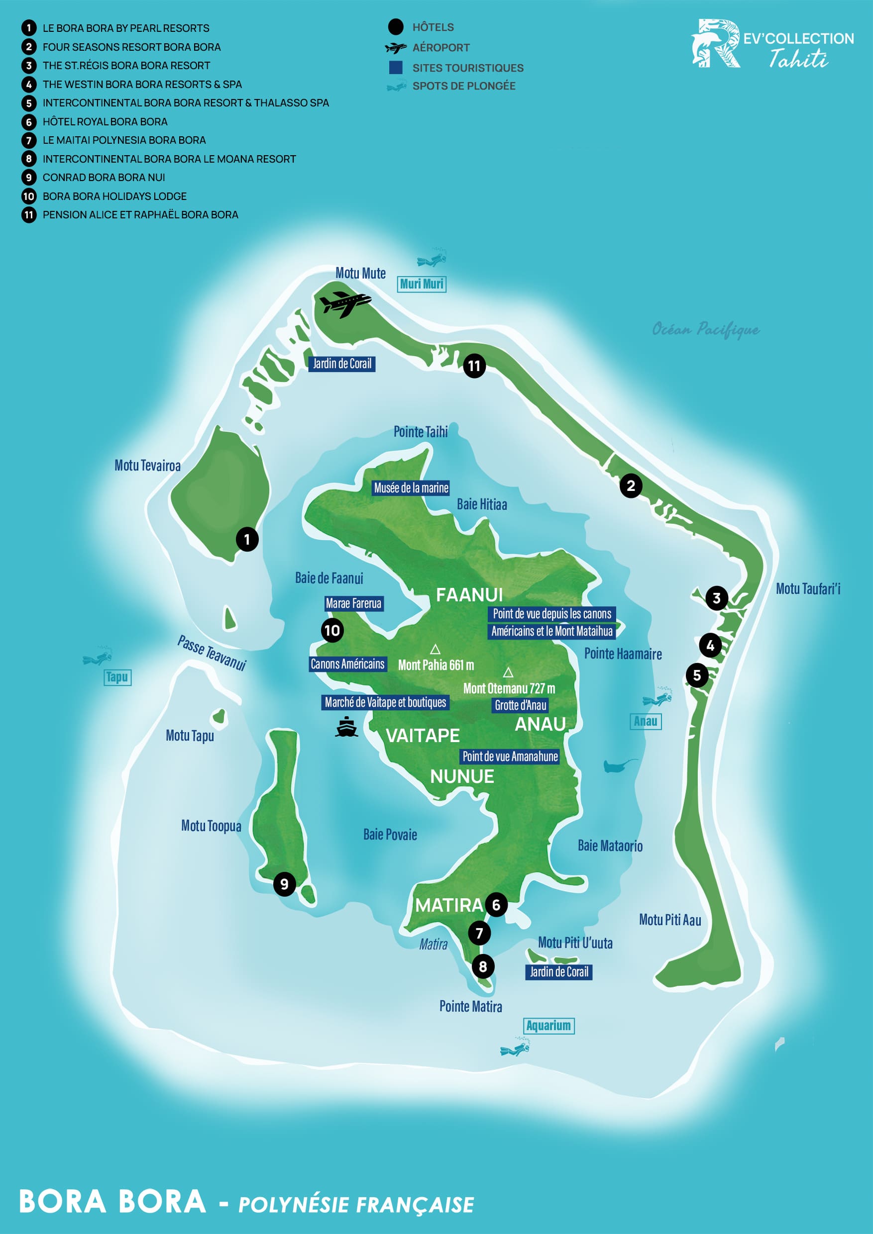 Carte illustrée de Bora Bora en Polynésie française, illustrant l'île principale avec le Mont Otemanu et le village de Vaitape, le lagon et ses motus, ainsi qu'une liste numérotée de 11 hôtels prestigieux dont le St. Regis, le Four Seasons et le Conrad Bora Bora Nui