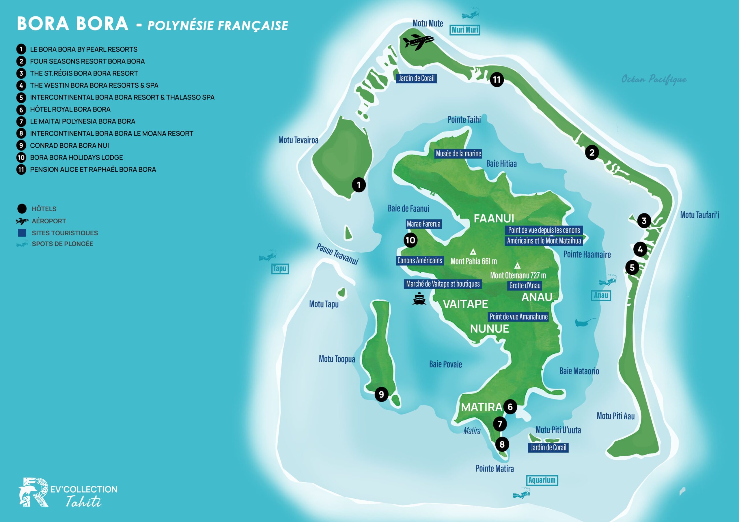 Carte illustrée de Bora Bora en Polynésie française, illustrant l'île principale avec le Mont Otemanu et le village de Vaitape, le lagon et ses motus, ainsi qu'une liste numérotée de 11 hôtels prestigieux dont le St. Regis, le Four Seasons et le Conrad Bora Bora Nui