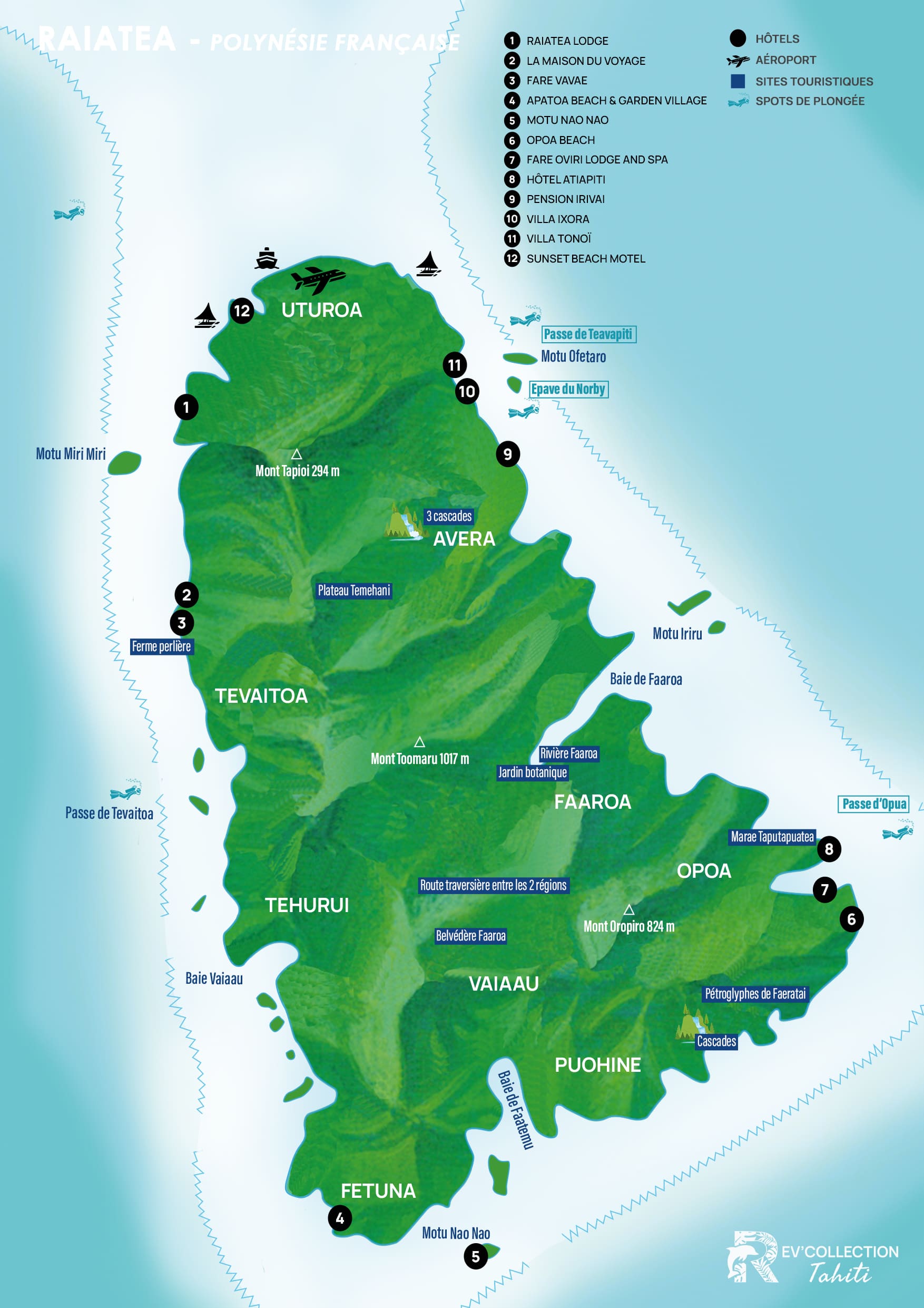 Carte illustrée de l'île de Raiatea en Polynésie française, indiquant les principales communes (Uturoa, Avera, Opoa), des sites culturels comme le Marae Taputapuatea, des points naturels tels que la rivière Faaroa et le mont Toomaru, ainsi qu'une liste numérotée de 12 hébergements incluant le Raiatea Lodge