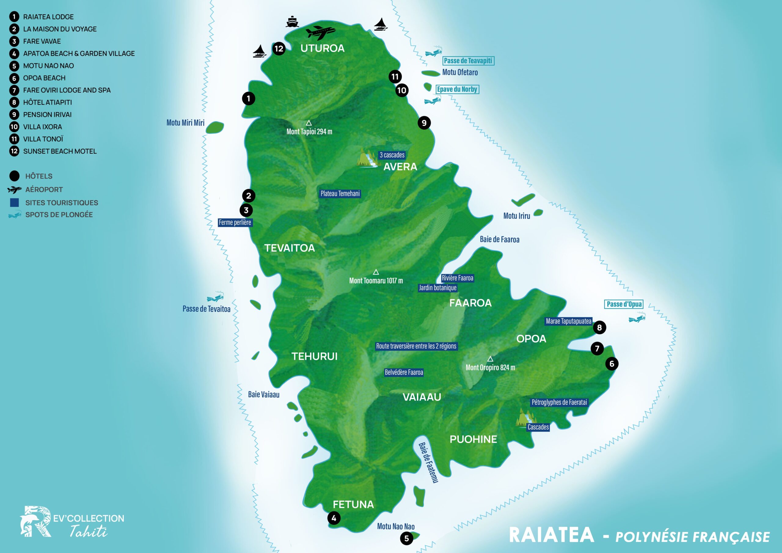 Carte illustrée de l'île de Raiatea en Polynésie française, indiquant les principales communes (Uturoa, Avera, Opoa), des sites culturels comme le Marae Taputapuatea, des points naturels tels que la rivière Faaroa et le mont Toomaru, ainsi qu'une liste numérotée de 12 hébergements incluant le Raiatea Lodge