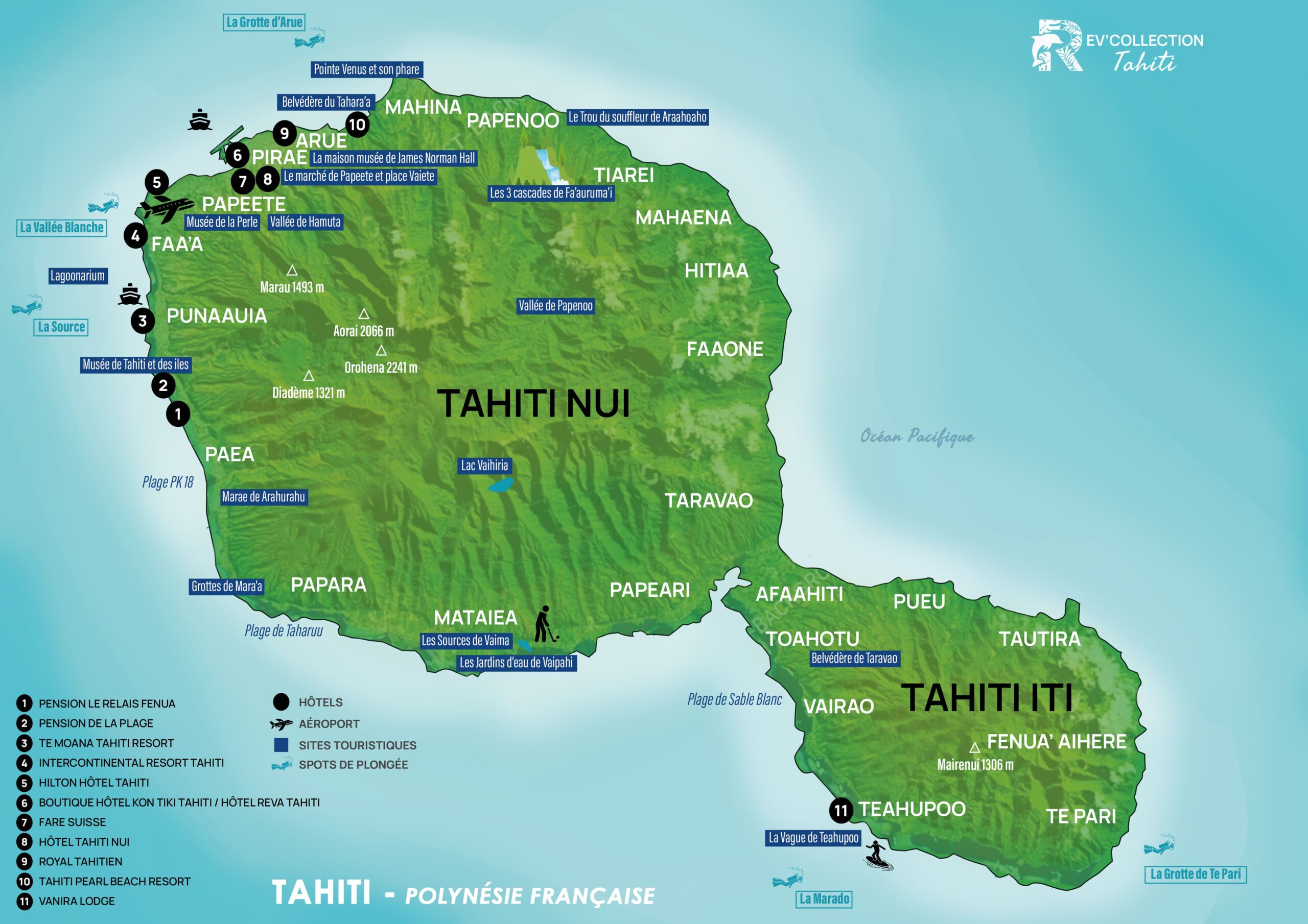 Carte illustrée de Tahiti montrant Tahiti Nui et Tahiti Iti, avec les principaux sommets comme l'Orohena, les sites d'intérêt comme Teahupoo et le marché de Papeete, ainsi qu'une liste numérotée de 12 établissements hôteliers répartis sur l'île